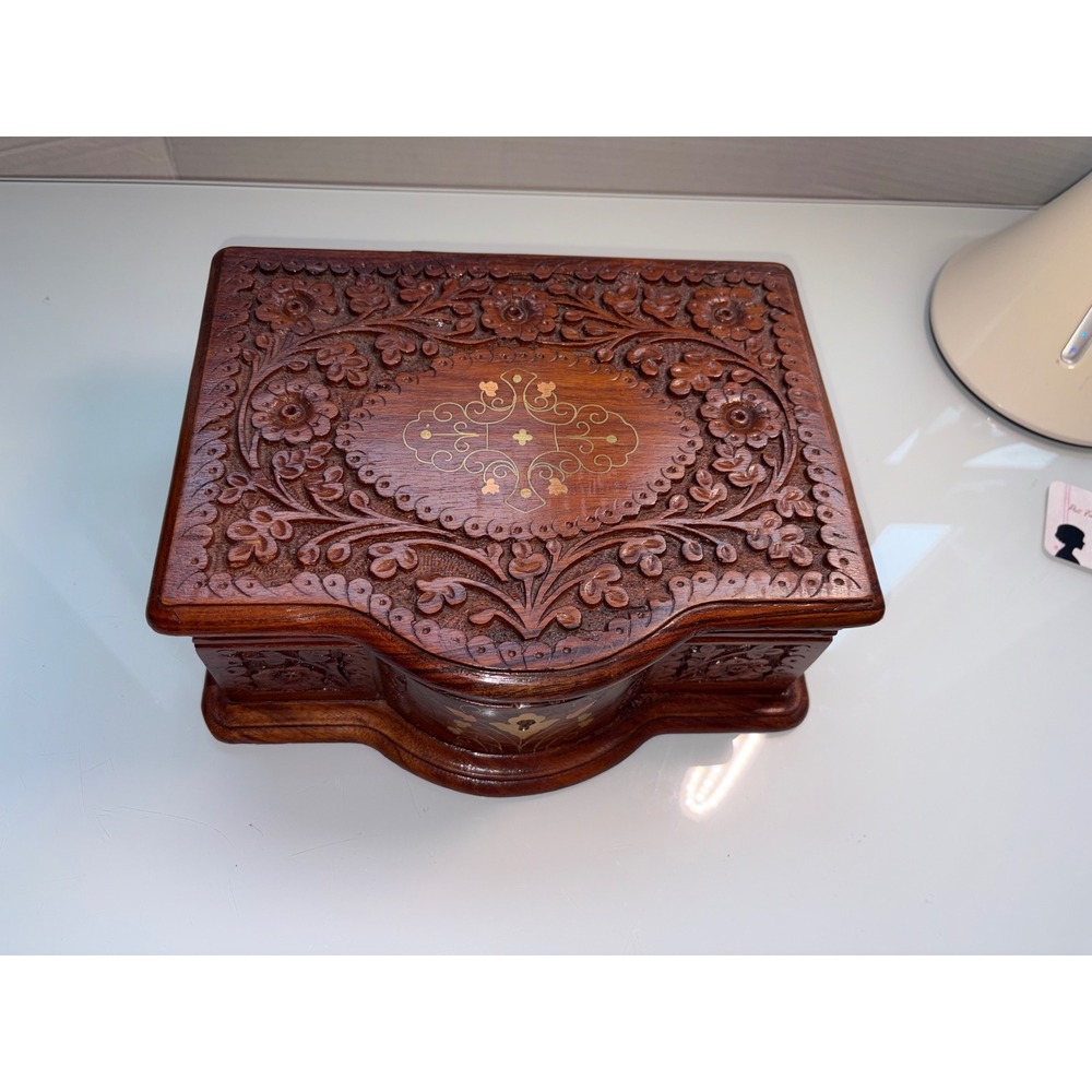 Vintage Hand-Carved Wooden VictorianJewelry Box with Brass Inlay & Tray
